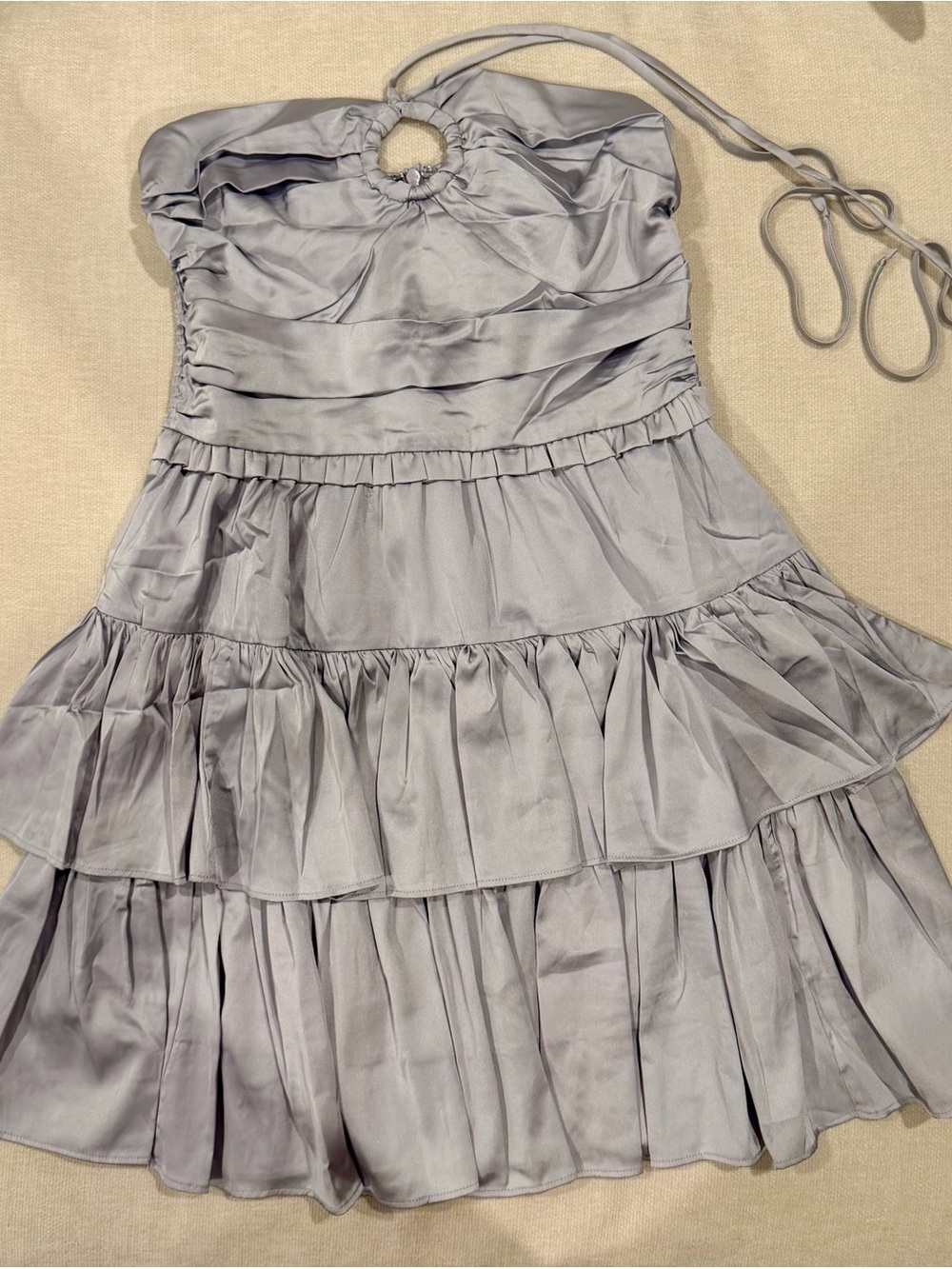 Light Gray Satin Halter Tiered Midi Dress